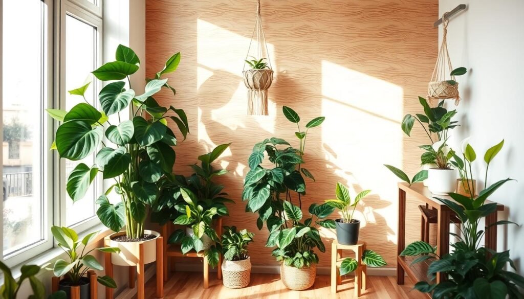 A cozy indoor corner featuring an array of healthy houseplants, including a tall fiddle leaf fig, trailing pothos, and vibrant peace lilies, arranged harmoniously in wooden plant stands and shelves. The scene is set in a small, well-lit room with large windows allowing soft, natural sunlight to illuminate the plants, casting gentle shadows. In the background, a textured wooden wall provides warmth, while a stylish macramé plant hanger adds a bohemian touch. The layout is designed for a small space, showcasing creative use of vertical and horizontal surfaces for plant display. The atmosphere is serene and inviting, perfect for relaxation, with a light color palette that enhances the greenery. A wide-angle view captures this tranquil setting, emphasizing the connection between wood and plant decor.