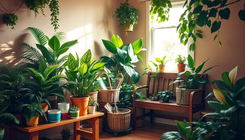 A cozy indoor corner filled with lush potted plants, featuring a diverse array of greenery such as ferns, snake plants, and peace lilies. In the foreground, a warm wooden plant stand displays colorful ceramic pots, enhancing the natural aesthetics. The middle ground includes a vintage wooden bench adorned with a woven basket holding gardening tools, creating a sense of homeliness. Soft sunlight streams through a nearby window, casting gentle shadows and illuminating the plants, creating a tranquil atmosphere. The background shows a softly textured wall painted in muted earth tones, enhancing the warmth of the scene. The overall mood is serene and inviting, perfect for a natural accent that adds warmth without the need for redecorating.