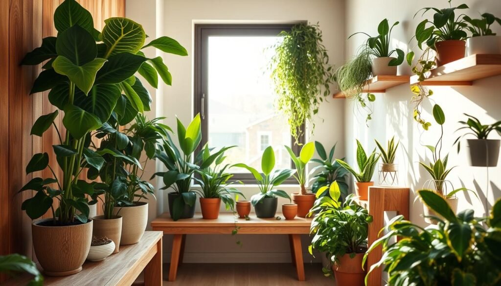 A cozy indoor plant corner featuring a variety of lush green plants, including a tall fiddle leaf fig, cascading pothos, and vibrant snake plants, artfully arranged on wooden shelves. The foreground showcases rich, textured wood elements, with a natural light wood bench adorned with decorative pots. In the middle background, a large window allows soft, warm sunlight to filter in, creating an airy atmosphere and gently illuminating the space. A hint of natural wood craftsmanship is evident in the shelving and planters. The overall mood is inviting and serene, perfect for a personal retreat. Capture this setting from a slightly elevated angle to emphasize the plant arrangements and the interplay of light and shadow. A cozy indoor plant corner featuring a variety of lush green plants, including a tall fiddle leaf fig, cascading pothos, and vibrant snake plants, artfully arranged on wooden shelves. The foreground showcases rich, textured wood elements, with a natural light wood bench adorned with decorative pots. In the middle background, a large window allows soft, warm sunlight to filter in, creating an airy atmosphere and gently illuminating the space. A hint of natural wood craftsmanship is evident in the shelving and planters. The overall mood is inviting and serene, perfect for a personal retreat. Capture this setting from a slightly elevated angle to emphasize the plant arrangements and the interplay of light and shadow.