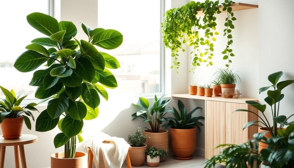 A cozy indoor plant corner in a minimalist space, featuring a variety of lush green plants in stylish terracotta and ceramic pots. In the foreground, a tall, leafy fiddle leaf fig tree stands beside a small wooden side table with a soft, neutral-colored throw draped over it. The middle area includes a cascading pothos plant hanging elegantly from a light wooden shelf, alongside a few small succulent arrangements. The background showcases a large window allowing bright, soft sunlight to filter in, illuminating the plants and creating a warm, inviting atmosphere. The scene feels airy and well-lit, emphasizing the natural beauty of the greenery against the light wooden accents of the room. A sense of serenity and balance, perfect for softening a cold ambiance.