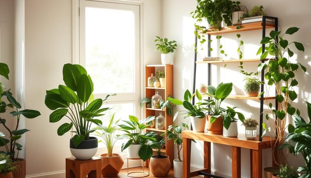 A cozy indoor plant corner showcasing a harmonious blend of woodworking and greenery. In the foreground, arrange a variety of lush houseplants in stylish pots, such as a tall fiddle leaf fig, a compact snake plant, and cascading pothos, all placed on a rustic wooden plant stand. In the middle ground, feature a beautifully crafted wooden bookshelf adorned with decorative plant terrariums and books about botany. The background reveals a softly lit window, allowing bright natural light to filter in, casting gentle shadows that create a warm and inviting atmosphere. The scene exudes peace and intentionality, highlighting the joy of indoor gardening with a soothing color palette of greens, browns, and warm neutrals, all harmonizing beautifully in this intentional plant display.