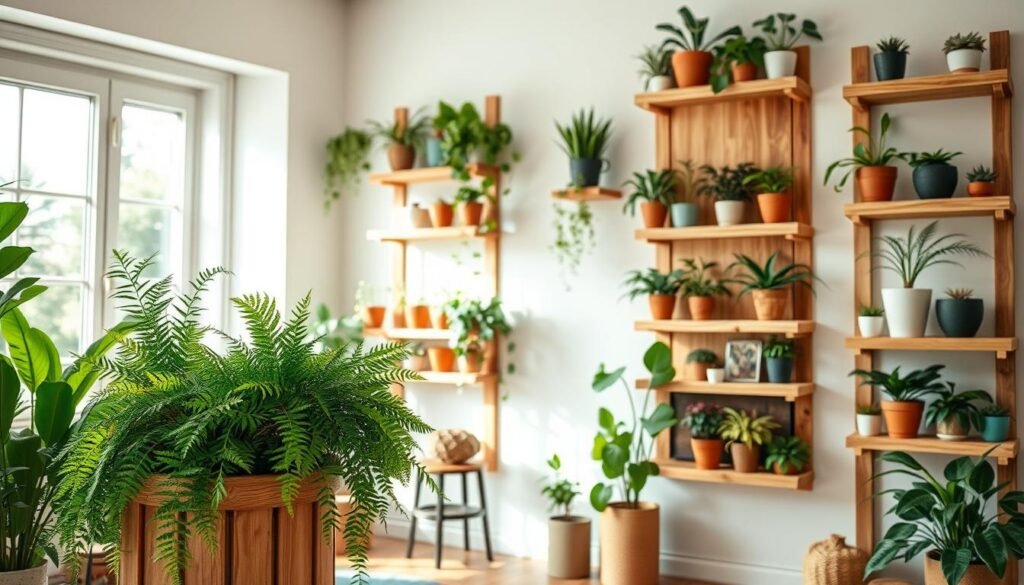 A cozy indoor scene featuring innovative vertical and wall-mounted plant stands. In the foreground, a wooden plant stand with various lush greenery, including ferns and trailing vines, elegantly arranged. The middle ground showcases wall-mounted shelves made from natural wood, adorned with an array of potted plants in assorted ceramic and terracotta planters. The background includes a softly lit window, allowing warm, natural light to flood the space, enhancing the greenery's vibrant colors. The atmosphere is tranquil and inviting, with light casting gentle shadows, creating depth. The room is styled minimally, showcasing harmony between wood and nature. The image should evoke a sense of peace and intentional living, ideally captured from a slightly elevated angle to highlight plant arrangements and textural contrasts.