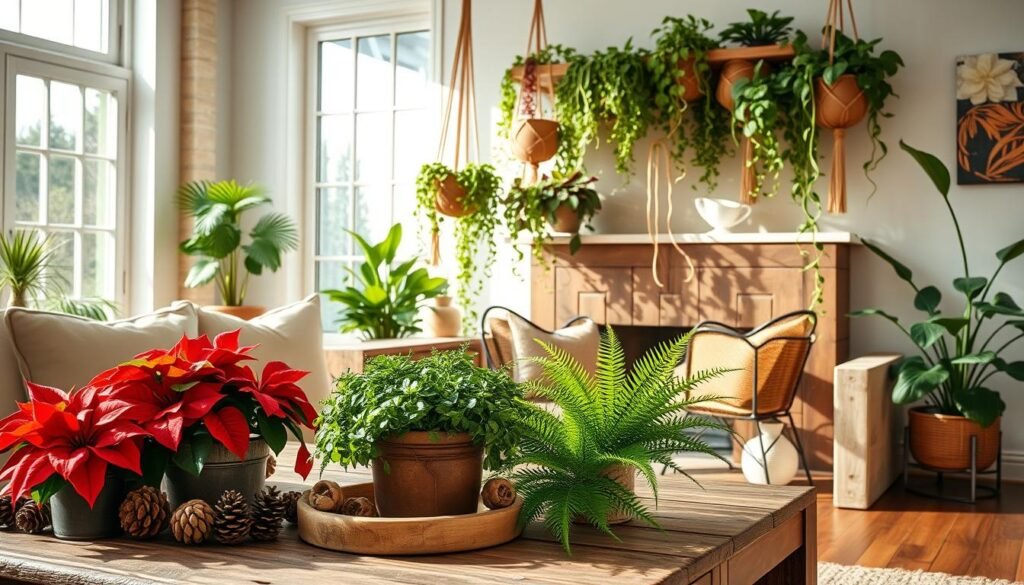 A cozy indoor scene showcasing seasonal plants artfully arranged in a well-lit living room. In the foreground, a rustic wooden coffee table features clusters of potted seasonal plants like vibrant poinsettias and lush ferns, surrounded by pinecones and natural wood accents. The middle ground displays a stylish shelf adorned with hanging macrame planters, brimming with trailing ivy and snake plants, creating a harmonious blend of greenery. In the background, a large window allows soft sunlight to pour in, casting gentle shadows and highlighting warm wooden elements in the decor. The atmosphere is inviting and serene, embodying a timeless appeal through the natural integration of wood and plants. Captured with a wide-angle lens at a slight lower angle to enhance depth, evoking a sense of homeliness and elegance.