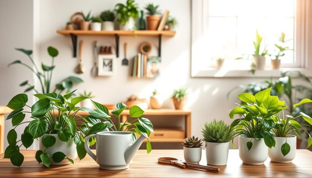 A cozy indoor setting featuring a stylish plant care guide designed for small spaces. In the foreground, vibrant green houseplants like pothos and succulents are showcased in modern ceramic pots on a wooden table. A delicate, detailed watering can and pruning shears rest nearby, emphasizing care and maintenance. The middle ground contains a wall-mounted bookshelf filled with small gardening tools and a variety of plant care books. In the background, a sunlit window allows warm, soft sunlight to stream in, creating an inviting atmosphere. The overall mood is peaceful and nurturing, ideal for an article on small-space plant décor. The image should be bright, airy, and sharp, shot from a slightly elevated angle to capture the layout effectively.