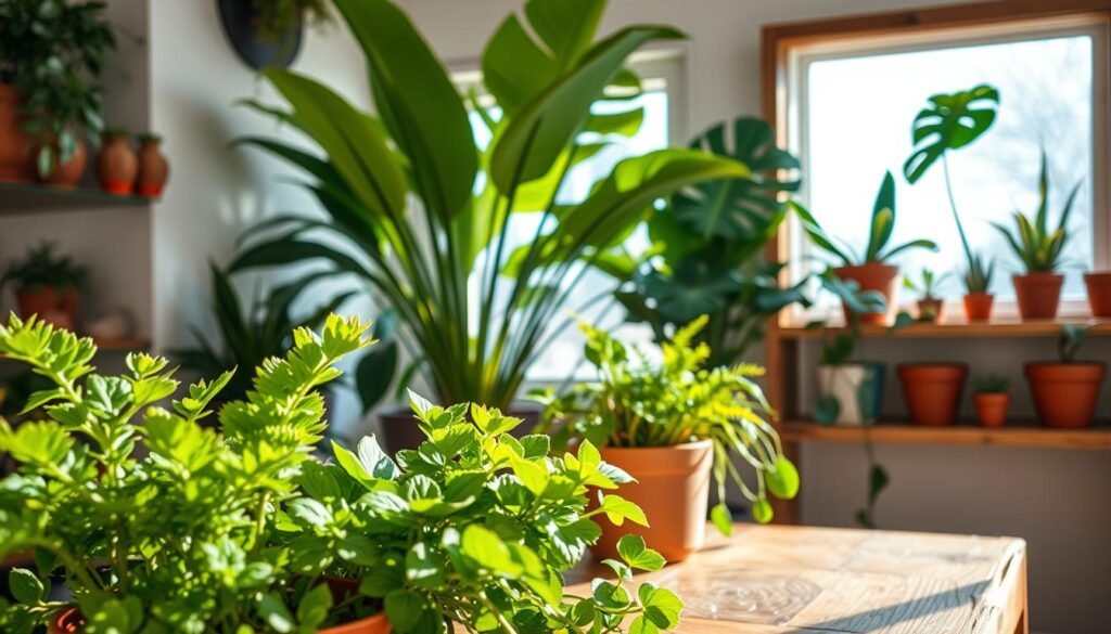 A cozy indoor setting featuring a variety of beautifully arranged indoor plants, including lush ferns, succulents, and a snake plant, placed on natural wood shelves and a rustic wooden table. The foreground showcases a close-up of a small potted herb garden, with vibrant green leaves glistening under soft sunlight. In the middle ground, large leafy plants elegantly frame a window, allowing bright, airy natural light to flood the space. The background highlights a minimalist wooden shelf adorned with terracotta pots and decorative wood accents, creating a harmonious blend of nature and craftsmanship. The overall atmosphere is serene and inviting, emphasizing the beauty of bringing nature indoors in a small space, with warm, soft light enhancing the greenery.