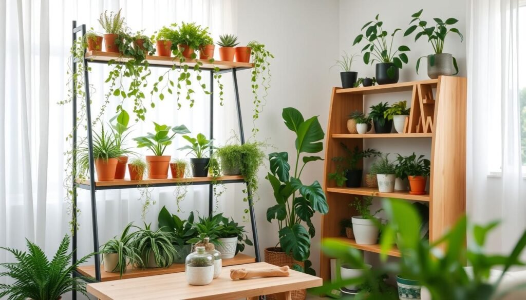 A cozy indoor setting featuring innovative shelving ideas for displaying various indoor plants, ideal for small spaces. The foreground showcases a stylish wooden shelf with a diverse array of potted plants, including ferns, succulents, and trailing vines, arranged thoughtfully for visual interest. In the middle ground, there's a light wood table with a few decorative plant pots and natural wood accents. The background reveals a sunlit window, adorned with sheer curtains, allowing soft natural light to flood the room, creating an airy atmosphere. The overall mood is tranquil and inviting, perfect for a home environment, with a focus on earthy tones and textures that highlight the beauty of wood and greenery. A cozy indoor setting featuring innovative shelving ideas for displaying various indoor plants, ideal for small spaces. The foreground showcases a stylish wooden shelf with a diverse array of potted plants, including ferns, succulents, and trailing vines, arranged thoughtfully for visual interest. In the middle ground, there's a light wood table with a few decorative plant pots and natural wood accents. The background reveals a sunlit window, adorned with sheer curtains, allowing soft natural light to flood the room, creating an airy atmosphere. The overall mood is tranquil and inviting, perfect for a home environment, with a focus on earthy tones and textures that highlight the beauty of wood and greenery.