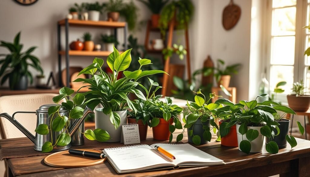 A cozy indoor setting showcases a beautifully designed plant care schedule on a rustic wooden table. In the foreground, a vibrant collection of houseplants, including pothos and snake plants, with lush green leaves, are arranged alongside a stylish watering can and gardening tools. The middle ground features an open notebook with hand-written notes, a pencil, and a small calendar, hinting at a structured approach to plant care. In the background, soft sunlight streams in through a large window, illuminating the space and creating a warm, inviting atmosphere. The room is adorned with wooden shelves displaying additional plants and decorative wooden accents, evoking a sense of tranquility and connection to nature. The mood is peaceful and organized, ideal for promoting plant well-being.