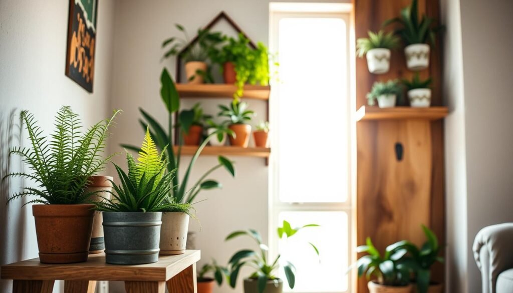 A cozy indoor setting with a focus on DIY wood and plant projects designed for small spaces. In the foreground, showcase a beautifully crafted wooden plant stand with potted succulents and ferns, arranged artfully. The middle ground features a stylish wall-mounted shelf made from reclaimed wood, adorned with a variety of indoor plants in handmade ceramic pots. In the background, a window allows soft, bright natural light to stream in, illuminating the entire scene, creating a warm and inviting atmosphere. Capture this from a slightly elevated angle to emphasize the plants' textures and colors. The overall mood is fresh, tranquil, and inspiring for compact living decor.