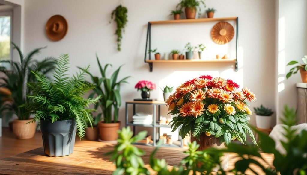 A cozy indoor space featuring an array of seasonal plants artfully styled to evoke a warm, inviting atmosphere. In the foreground, a well-maintained potted fern and a vibrant autumnal centerpiece of colorful chrysanthemums sit on a rustic wooden coffee table. The middle ground showcases a stylish shelf adorned with small succulents and decorative plant pots, all bathed in soft, natural light streaming in from a nearby window, creating gentle highlights and shadows. In the background, a soothing backdrop of light-colored walls enhances the airy feel. The scene captures a harmonious blend of nature and decor, demonstrating low-effort yet thoughtful plant styling ideas. The overall mood is serene and uplifting, ideal for a warm, homey environment.