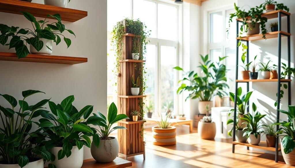 A cozy indoor space featuring vertical plant styling on multiple wooden shelves. The foreground showcases a variety of lush, green plants like snake plants and pothos, arranged artistically in minimalist ceramic pots. The middle includes a tall, rustic wooden shelf that supports cascading ivy and small, stylish pots with vibrant succulents. The background captures a sunlit living area with large windows allowing soft, natural light to illuminate the scene, creating a warm and inviting atmosphere. The wooden floor adds a touch of warmth, while soft shadows dance around the plants. The overall mood reflects peace and effortless elegance, ideal for low-maintenance plant enthusiasts.