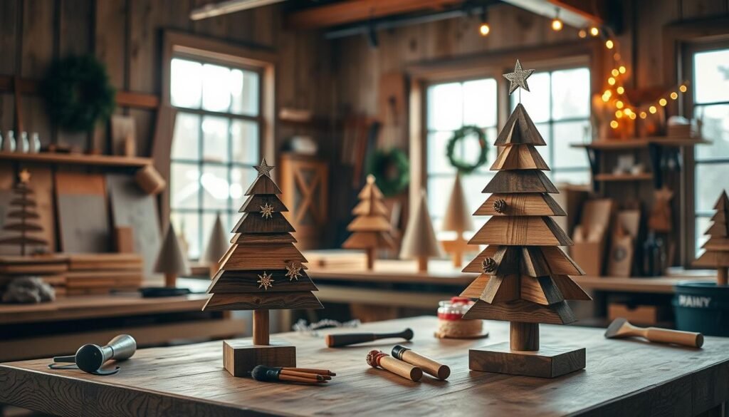 A cozy indoor workspace filled with the warmth of the holiday season, showcasing a variety of DIY wooden Christmas trees made from reclaimed wood. In the foreground, a beautifully crafted small wooden tree stands proudly on a rustic workbench, adorned with simple, cute decorations like cinnamon sticks and twine. The middle ground features an assortment of tools—saw, hammer, and paintbrushes—neatly arranged, hinting at the crafting process. In the background, large windows let in soft, natural light, illuminating the space and casting gentle shadows that enhance the wooden textures. A subtle festive atmosphere is created with a small wreath hanging on the wall and a few twinkling fairy lights. The mood is warm, inviting, and inspiring, perfect for encouraging creativity in woodworking projects. A cozy indoor workspace filled with the warmth of the holiday season, showcasing a variety of DIY wooden Christmas trees made from reclaimed wood. In the foreground, a beautifully crafted small wooden tree stands proudly on a rustic workbench, adorned with simple, cute decorations like cinnamon sticks and twine. The middle ground features an assortment of tools—saw, hammer, and paintbrushes—neatly arranged, hinting at the crafting process. In the background, large windows let in soft, natural light, illuminating the space and casting gentle shadows that enhance the wooden textures. A subtle festive atmosphere is created with a small wreath hanging on the wall and a few twinkling fairy lights. The mood is warm, inviting, and inspiring, perfect for encouraging creativity in woodworking projects.