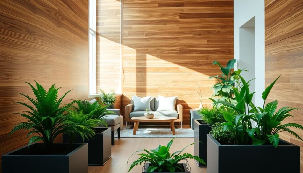 A cozy interior featuring a beautifully designed wood accent wall, showcasing rich, warm tones and intricate grain patterns. In the foreground, several modern planters with lush, vibrant greenery, including ferns and small potted succulents, add a touch of life and color. The middle section contains an elegantly arranged seating area with a minimalist design, harmonizing with the natural elements. Soft, diffused sunlight filters through a nearby window, creating an airy atmosphere and gentle highlights on the wood surface. The scene is framed with a slightly elevated angle to capture the depth of the space, evoking a serene and intentional vibe that promotes relaxation. The overall mood is peaceful and inviting, perfect for inspiring thoughtful plant and wood styling ideas.