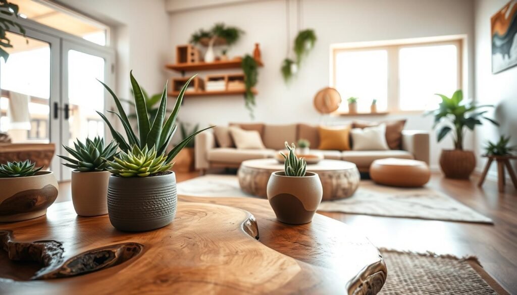 A cozy interior showcasing sustainable home decor inspired by natural elements. In the foreground, a beautifully crafted wooden coffee table with organic shapes, adorned with potted green plants like succulents and ferns. The middle ground features a comfortable seating area with eco-friendly cushions in earthy tones, alongside a wall shelf made of reclaimed wood, displaying artisan-crafted items. In the background, large windows allow soft, bright natural light to stream in, illuminating the space and highlighting the textures of wood and greenery. The atmosphere is warm and inviting, promoting a sense of tranquility and ethical living. Use a wide-angle lens to capture the entire scene from a slight low angle for depth and perspective. A cozy interior showcasing sustainable home decor inspired by natural elements. In the foreground, a beautifully crafted wooden coffee table with organic shapes, adorned with potted green plants like succulents and ferns. The middle ground features a comfortable seating area with eco-friendly cushions in earthy tones, alongside a wall shelf made of reclaimed wood, displaying artisan-crafted items. In the background, large windows allow soft, bright natural light to stream in, illuminating the space and highlighting the textures of wood and greenery. The atmosphere is warm and inviting, promoting a sense of tranquility and ethical living. Use a wide-angle lens to capture the entire scene from a slight low angle for depth and perspective.