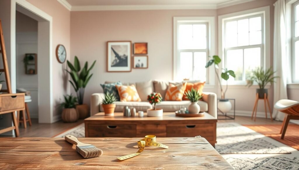 A cozy, inviting DIY home renovation scene showcasing a stylish living room undergoing transformation. In the foreground, a rustic wooden coffee table is surrounded by tools like a paintbrush, measuring tape, and decorative plants. The middle ground features a freshly painted accent wall in soft pastel colors, with newly hung artwork and vibrant throw pillows. In the background, large windows allow bright, natural light to filter in, illuminating the soft textures of a comfortable sofa and a layered area rug. The atmosphere feels airy and well-lit, radiating a sense of creativity and inspiration for practical home design. The image should capture the essence of approachable DIY projects, emphasizing warmth and homeliness, with a focus on detail and craftsmanship.