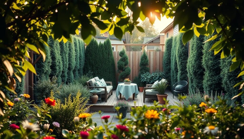 A cozy, inviting backyard scene that conveys a sense of privacy and comfort. In the foreground, lush greenery and colorful flowers create a natural barrier. The middle features a wooden patio with comfortable seating arranged around a small table, adorned with a tasteful tablecloth. Potted plants surround the seating area, enhancing the feeling of seclusion. In the background, tall hedges and a wooden fence provide a distinct separation from neighboring yards. The setting is illuminated by soft, warm sunlight filtering through the leaves, creating a serene and airy atmosphere. The angle captures the scene from a slightly elevated perspective, emphasizing the layered landscaping and inviting ambiance of a private retreat. A cozy, inviting backyard scene that conveys a sense of privacy and comfort. In the foreground, lush greenery and colorful flowers create a natural barrier. The middle features a wooden patio with comfortable seating arranged around a small table, adorned with a tasteful tablecloth. Potted plants surround the seating area, enhancing the feeling of seclusion. In the background, tall hedges and a wooden fence provide a distinct separation from neighboring yards. The setting is illuminated by soft, warm sunlight filtering through the leaves, creating a serene and airy atmosphere. The angle captures the scene from a slightly elevated perspective, emphasizing the layered landscaping and inviting ambiance of a private retreat.