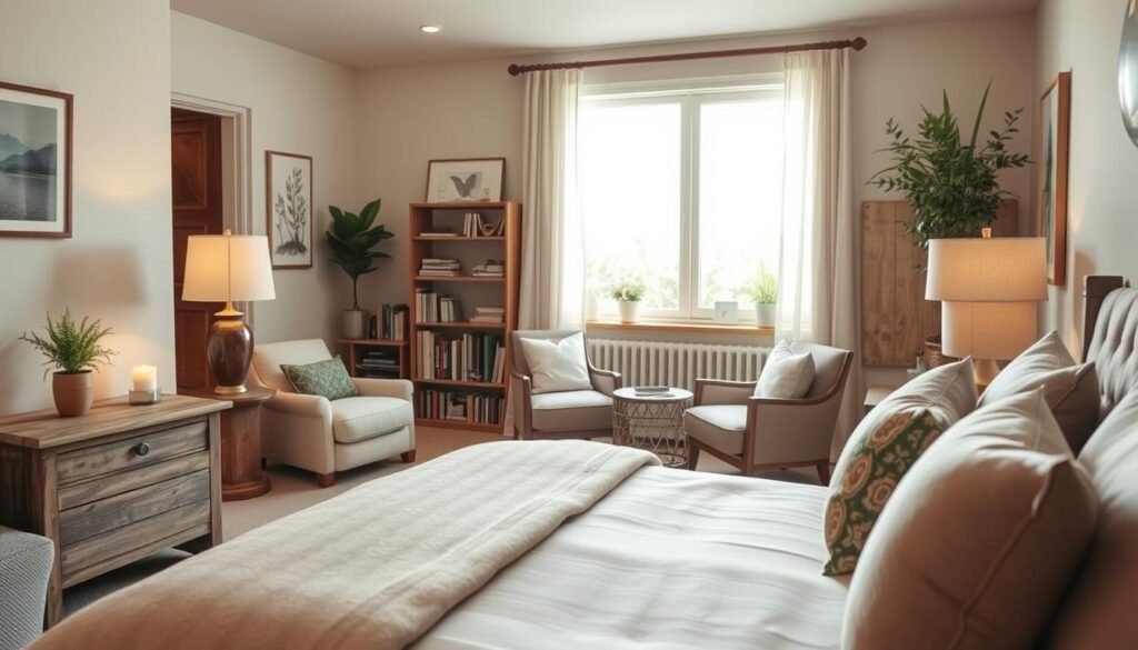 A cozy, inviting bedroom design, featuring a large plush bed with soft, neutral-colored bedding and an assortment of decorative pillows. In the foreground, a rustic wooden nightstand holds a stylish lamp casting soft, warm light. The middle ground showcases a comfortable reading nook with a large armchair and a small bookshelf filled with books, inviting relaxation. The walls are adorned with calming artwork and natural wood accents. In the background, a large window allows bright, natural sunlight to fill the space, enhancing the airy atmosphere. The color palette includes soft beige, muted greens, and touches of warm wood, creating a harmonious blend of comfort and style. The overall mood is serene and welcoming, perfect for unwinding at the end of the day.