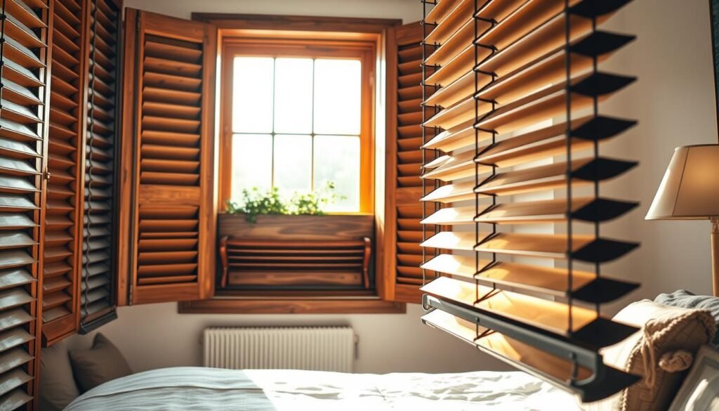A cozy, inviting bedroom featuring elegant wooden window treatments. In the foreground, showcase intricate wooden blinds with a warm, rich finish, partially raised to let soft sunlight filter through. The middle ground features a rustic wooden sash window adorned with delicate greenery on the ledge, enhancing the natural feel. The background reveals subtle hints of the bedroom decor, like soft textiles and neutral-toned walls, creating an airy atmosphere. The scene is bathed in bright, natural light that highlights the grain of the wood, emphasizing warmth and comfort. Capture the image from a slight angle, focusing on the textures and details that evoke a sense of tranquility and hominess, perfect for a serene bedroom space.