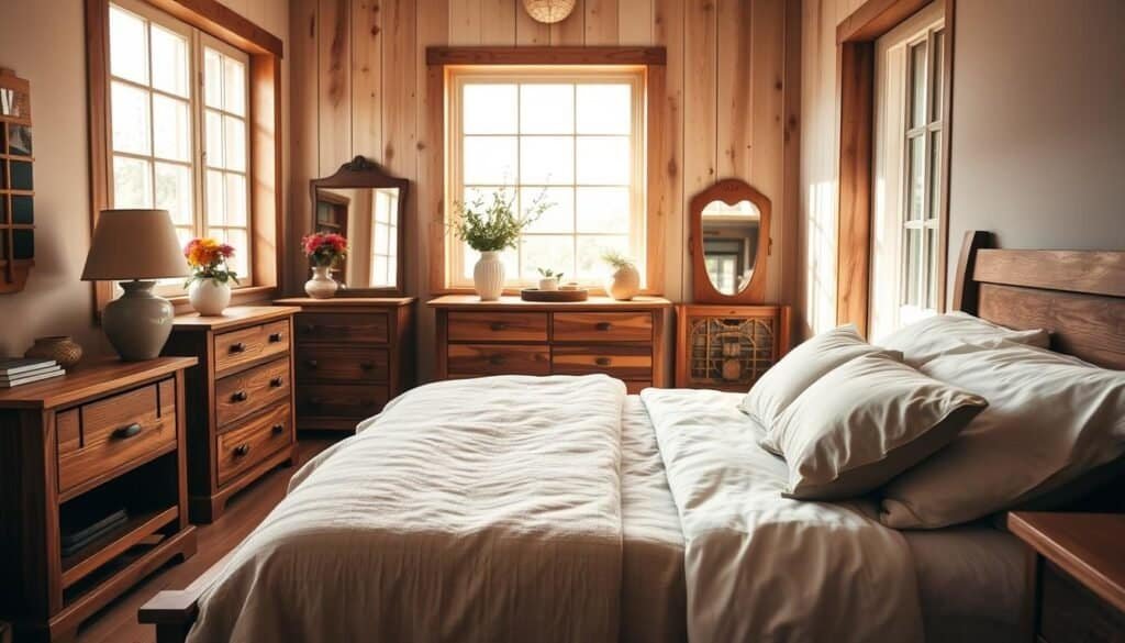 A cozy, inviting bedroom scene showcasing various wood types ideal for furniture and decor, with oak, walnut, and pine pieces artfully arranged. In the foreground, a beautiful, polished oak bed frame accentuates soft, natural bedding, while a sleek walnut nightstand holds a ceramic lamp. The middle ground features a rustic pine dresser, adorned with fresh flowers and a vintage mirror. The background reveals large windows allowing warm, soft sunlight to flood the room, creating an airy atmosphere and highlighting the wood's rich textures. Use a soft focus lens to enhance the warmth and comfort of the space, capturing the essence of natural materials that evoke a timeless style. Ensure the overall mood feels serene and inviting.