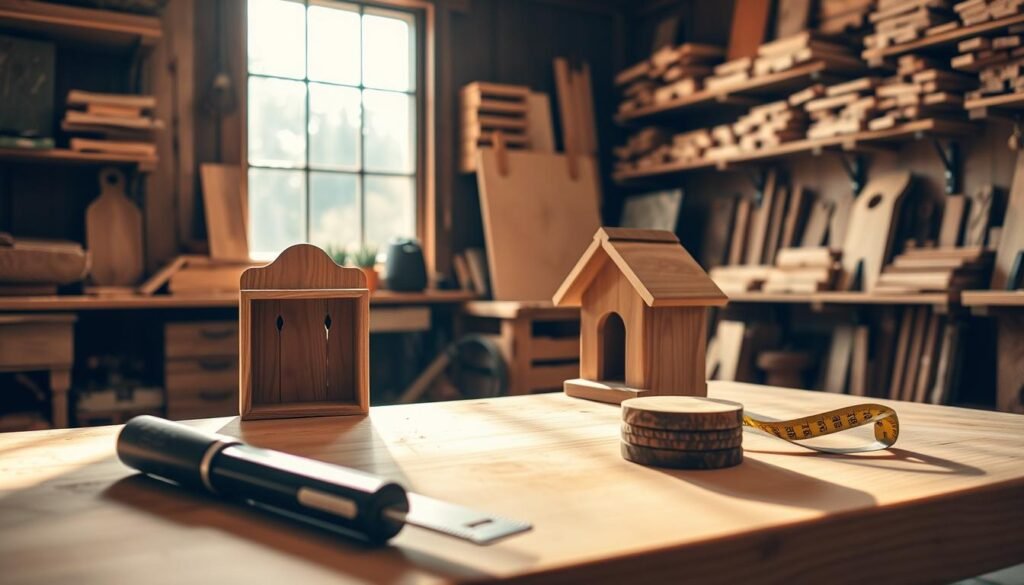 A cozy, inviting workshop filled with simple woodworking projects, showcasing a small, handcrafted wooden bookshelf, a rustic birdhouse, and a pair of handmade coasters. In the foreground, tools like a chisel and a tape measure rest on a wooden workbench. The middle features a warm, natural light streaming through a large window, highlighting the smooth grains of the wood. Soft sunlight casts gentle shadows, creating an atmosphere of tranquility and creativity. In the background, shelves lined with various wood types and finished projects add depth. The scene conveys a peaceful and inspiring vibe, emphasizing the joy of DIY woodworking in a home environment.