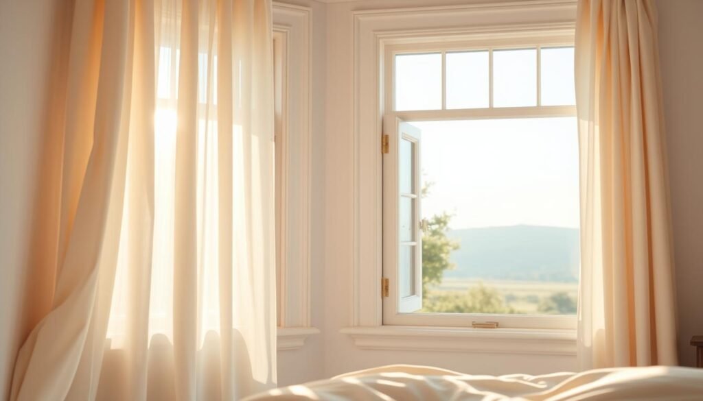 A cozy, light-filled bedroom featuring elegant window treatments that maximize natural light. In the foreground, airy sheer curtains flutter gently in a soft breeze, allowing sunlight to cascade through. The middle ground showcases a stylish window frame with light-colored wooden accents, complemented by decorative hardware adding a touch of charm. In the background, a serene landscape is visible through the window, featuring lush greenery bathed in golden sunlight. The room is gently illuminated by the sun’s rays, creating a warm and inviting atmosphere. The overall mood is peaceful and airy, emphasizing a clean, minimalist aesthetic with soft pastel tones. The image captures the essence of a tranquil retreat, focusing on the beauty of natural light and simplicity in bedroom décor.