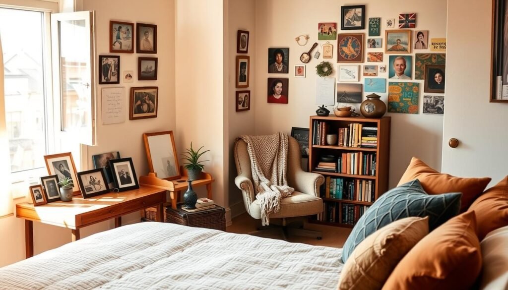 A cozy, lived-in bedroom featuring a mix of soft textiles and personal décor accents. In the foreground, a neatly made bed with a textured quilt and an array of plush pillows in warm, earthy tones. An open window allows soft sunlight to flood the room, casting gentle shadows across a wooden bedside table adorned with framed photos and a small potted plant. In the middle ground, a vintage armchair draped with a knitted throw sits beside a small bookshelf filled with colorful books and trinkets. The background shows light pastel walls and an array of wall art, creating a personal and inviting atmosphere. The scene is captured in warm, natural lighting, emphasizing comfort and a sense of home.