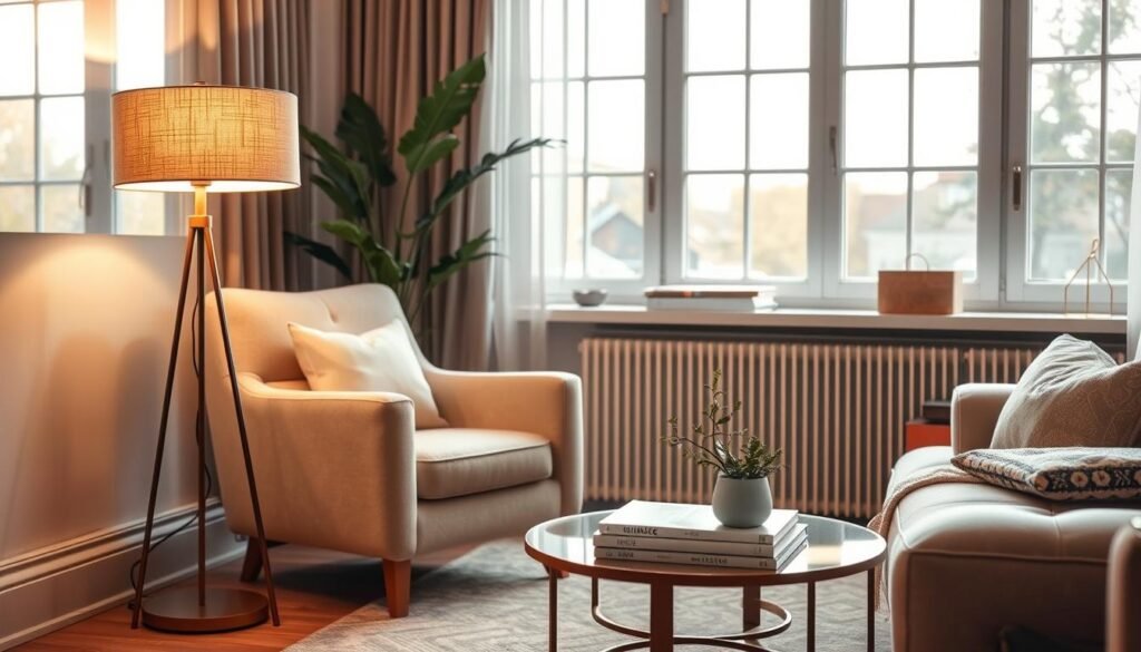 A cozy living room adorned with modern home decor trends, featuring elegant floor lamps that cast a warm, inviting glow. In the foreground, a sleek, stylish floor lamp with a soft fabric shade stands beside a plush, designer armchair. The middle of the scene highlights a small coffee table adorned with books and a delicate plant, reflecting creativity and comfort. In the background, large windows allow soft, natural light to filter in, illuminating the airy space with a cheerful ambiance. The color palette includes warm neutrals and soothing pastels, fostering a sense of tranquility. The overall mood is inviting and serene, perfect for a comfortable small living room setting. Emphasize bright natural light and a spacious feel. A cozy living room adorned with modern home decor trends, featuring elegant floor lamps that cast a warm, inviting glow. In the foreground, a sleek, stylish floor lamp with a soft fabric shade stands beside a plush, designer armchair. The middle of the scene highlights a small coffee table adorned with books and a delicate plant, reflecting creativity and comfort. In the background, large windows allow soft, natural light to filter in, illuminating the airy space with a cheerful ambiance. The color palette includes warm neutrals and soothing pastels, fostering a sense of tranquility. The overall mood is inviting and serene, perfect for a comfortable small living room setting. Emphasize bright natural light and a spacious feel.