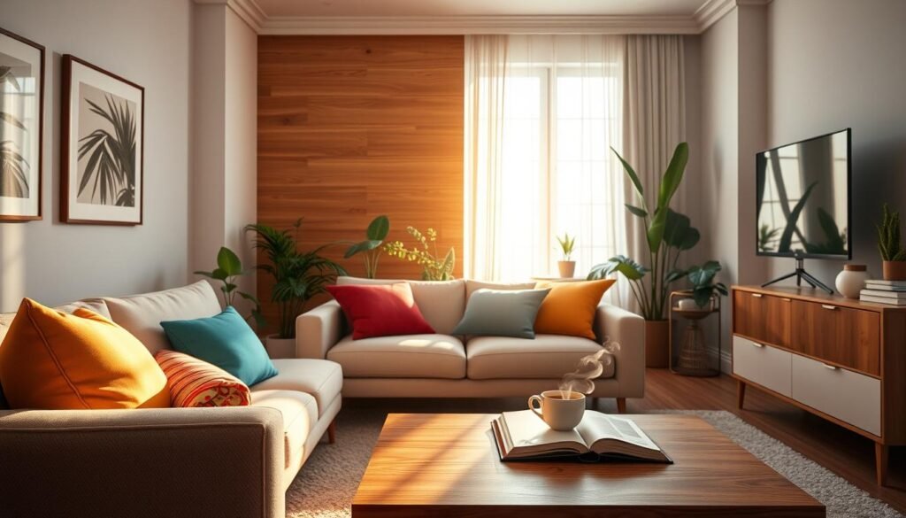 A cozy living room bathed in changing natural light throughout the day. In the foreground, a plush, neutral-toned sofa sits invitingly, adorned with colorful throw pillows. To the side, a sleek wooden coffee table holds an open book and a steaming cup of tea, signaling comfort. In the middle, a large window lets in soft sunlight, illuminating light sheer curtains that gently sway. The walls are decorated with elegant artwork and indoor plants that bring a hint of greenery. In the background, a warm wood accent wall contrasts with the soft, airy atmosphere, adding depth. The overall mood is tranquil yet vibrant, showcasing how light alters the space, creating a sense of warmth and serenity. Use soft, diffused lighting to enhance the inviting feel, creating a sense of depth and harmony.