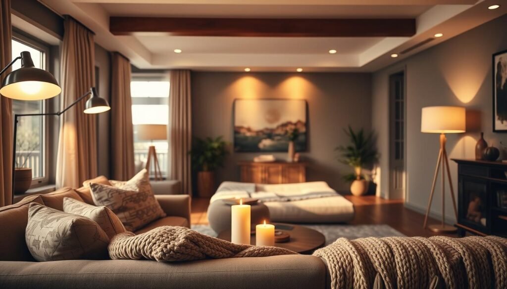 A cozy living room bathed in layered lighting techniques, showcasing a blend of ambient, task, and accent lighting for a warm atmosphere. In the foreground, a plush sofa adorned with soft, textured cushions and a knitted throw invites relaxation. In the middle ground, stylish floor lamps and recessed ceiling lights softly illuminate the room, casting gentle shadows. On a coffee table, candles flicker, adding a touch of intimacy. The background features a large window, allowing soft, natural sunlight to filter in, creating a luminous effect. The overall mood is inviting and tranquil, ideal for unwinding after a long day. The scene captures a harmonious balance of light and shadow, emphasizing the importance of layered lighting in home décor.