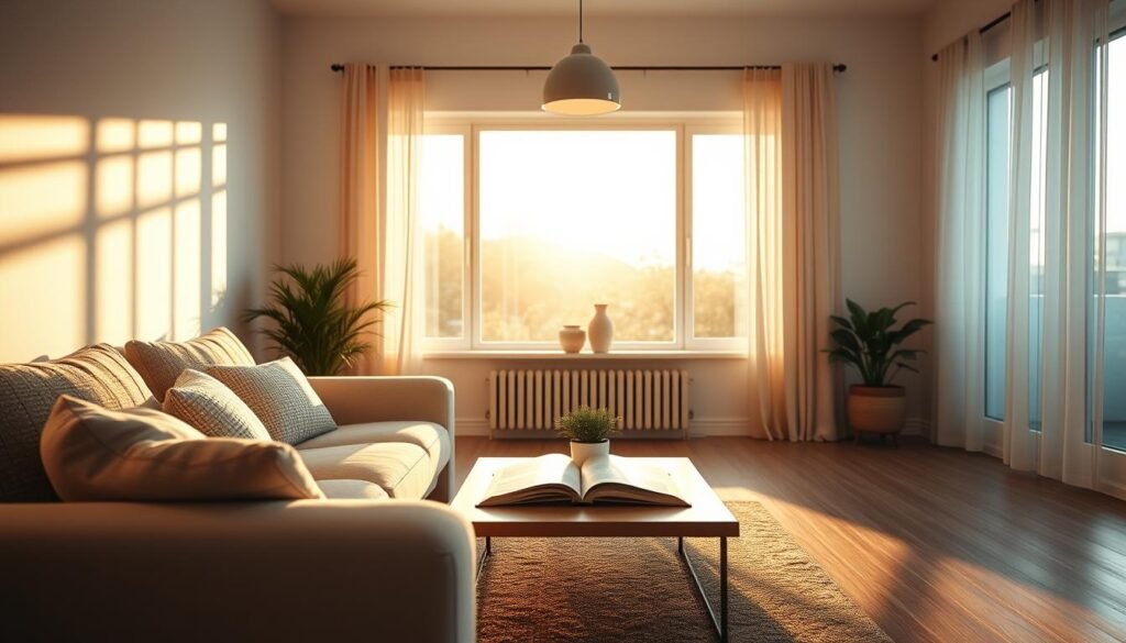 A cozy living room bathed in soft, ambient lighting that promotes a peaceful atmosphere. In the foreground, a plush, neutral-toned sofa adorned with textured cushions invites relaxation. In the middle ground, a stylish coffee table displays a small potted plant and an open book, enhancing the calm vibe. The background showcases a large window allowing gentle, golden sunlight to filter in, casting warm shadows across the wooden floors. Subtle, overhead pendant lights with a soft glow contribute to the serene illumination. The scene captures a minimalist décor with natural materials and soothing color palettes, evoking a sense of tranquility and comfort. The overall mood should feel airy, bright, and inviting, ideal for restful moments.