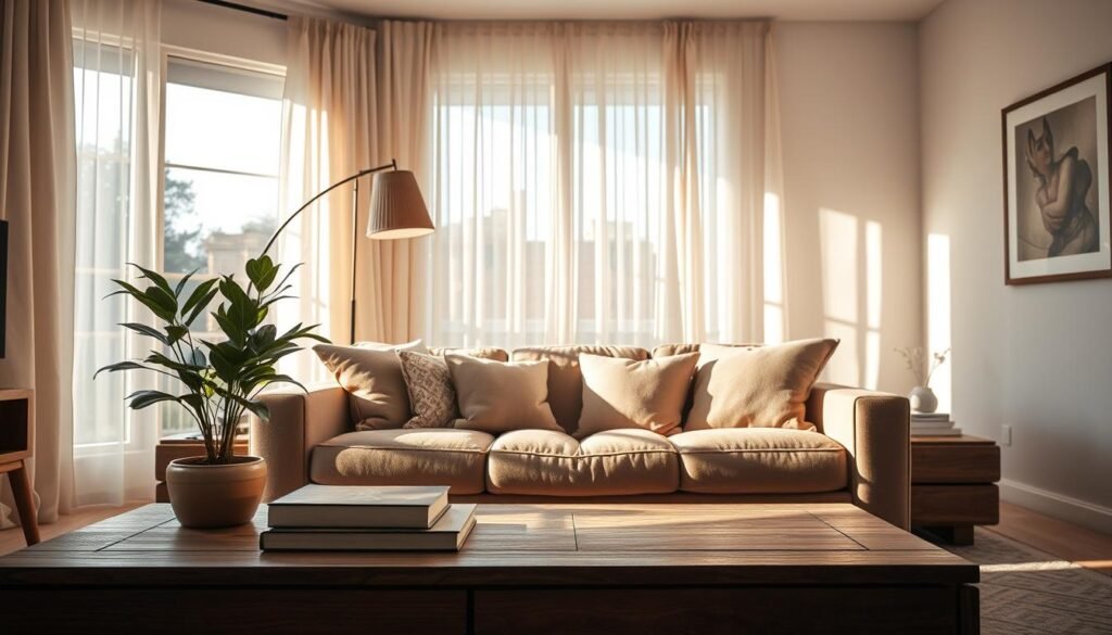 A cozy living room bathed in soft, natural light streaming through large windows. In the foreground, an elegant wooden coffee table with a neatly arranged plant and a few art books. The middle layer features a plush sofa adorned with soft cushions in muted earth tones, inviting and comfortable. A stylish floor lamp provides warm, ambient lighting that complements the daylight. In the background, sheer curtains gently flutter, creating an airy feel, while tasteful artwork hangs on the walls, adding visual interest. The lighting is warm and inviting, casting delicate shadows that enhance the room’s texture and depth. The atmosphere is serene and welcoming, perfect for relaxing at any time of day. Shot from a slight angle to showcase the room's design and layering of light.