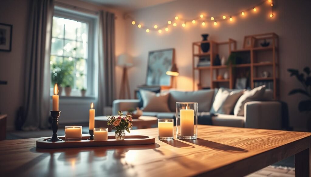 A cozy living room bathed in soft, warm natural light, featuring a beautifully designed ambient lighting setup. In the foreground, a stylish wooden table adorned with a few elegant candles and a small vase of fresh flowers, casting gentle shadows. In the middle background, a modern floor lamp emits a warm glow, while string lights are draped artistically above a comfortable seating area, enhancing the inviting atmosphere. The walls are painted in calming neutral tones, and a small bookshelf filled with decor enhances the homey feeling. Outside the window, soft sunlight filters through green foliage, adding a touch of nature. The overall mood is serene and inviting, perfect for relaxation. The scene is captured with a shallow depth of field to emphasize the warm light and cozy details. A cozy living room bathed in soft, warm natural light, featuring a beautifully designed ambient lighting setup. In the foreground, a stylish wooden table adorned with a few elegant candles and a small vase of fresh flowers, casting gentle shadows. In the middle background, a modern floor lamp emits a warm glow, while string lights are draped artistically above a comfortable seating area, enhancing the inviting atmosphere. The walls are painted in calming neutral tones, and a small bookshelf filled with decor enhances the homey feeling. Outside the window, soft sunlight filters through green foliage, adding a touch of nature. The overall mood is serene and inviting, perfect for relaxation. The scene is captured with a shallow depth of field to emphasize the warm light and cozy details.