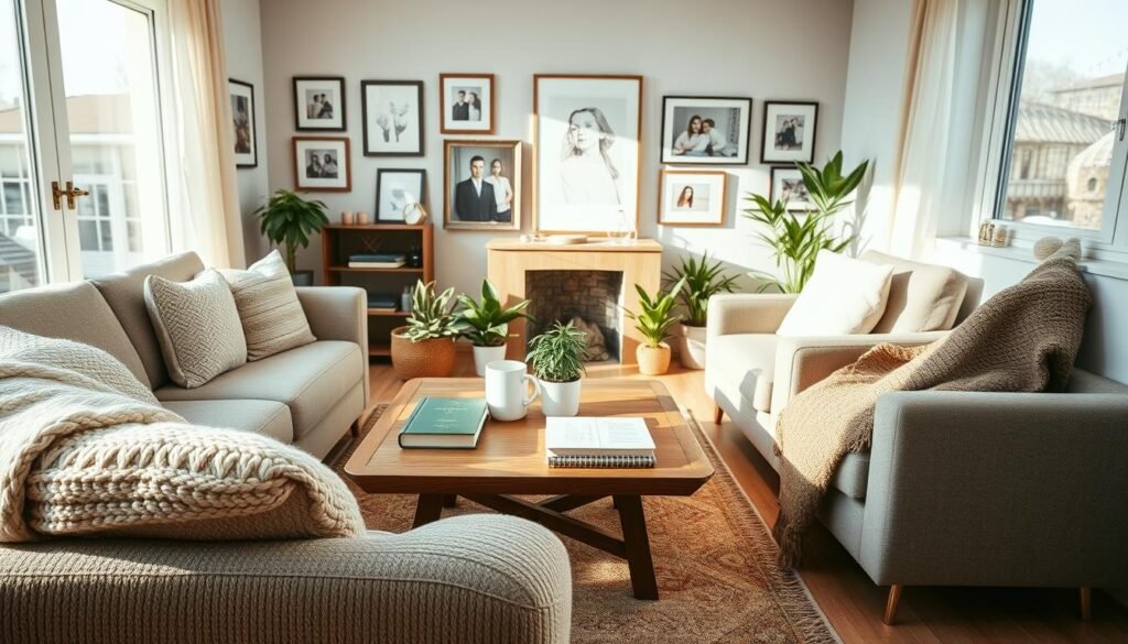 A cozy living room decor scene, showcasing a warm and inviting atmosphere. In the foreground, a plush, textured sofa adorned with soft, patterned throw pillows and a warm, knitted blanket. A wooden coffee table with personal touches like a few well-loved books and a steaming mug of tea sits between the sofa and a comfortable armchair. In the middle, a stylish area rug with earthy tones anchors the space, surrounded by potted plants for a touch of nature. The background features soft, natural light streaming through large windows, illuminating framed family photos and artwork on the walls. The scene captures a sense of warmth and emotional connection, inviting relaxation and comfort, evoking a serene and homely vibe, shot with a wide-angle lens to encompass the entire room in bright, soft sunlight.