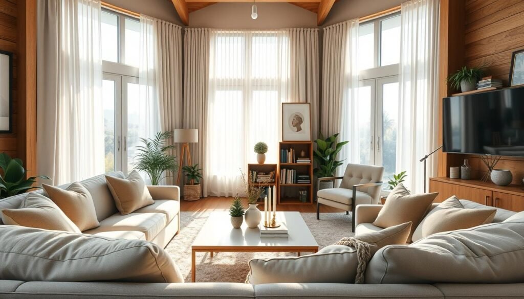 A cozy living room design featuring a warm, inviting atmosphere. In the foreground, a plush sofa with soft, neutral-toned cushions surrounded by a stylish coffee table adorned with a minimalistic vase and candles. The middle section showcases a comfortable armchair and a small bookshelf filled with colorful books, promoting relaxation and conversation. In the background, large windows allow bright natural light to flood in, highlighting airy curtains that gently sway. Soft sunlight creates a warm glow throughout the space, while wooden accents add an element of sophistication. The room is decorated with tasteful artwork and indoor plants that enhance the homey feel, alluding to a haven of comfort and tranquility. Opt for a wide-angle view to capture the full essence of the space.