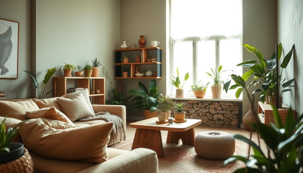 A cozy living room design featuring natural elements and organic materials. In the foreground, a plush, earth-toned sofa with soft cushions and a woven throw blanket, accented by a natural wood coffee table adorned with potted plants. In the middle ground, a large window allows bright, soft sunlight to flood the room, illuminating a handwoven rug and a collection of wooden shelving with plants and décor. The background reveals a calming palette of greens and browns, highlighting textured wall finishes like reclaimed wood and stone. The atmosphere is warm and inviting, perfect for relaxation, with a focus on sustainability and natural beauty. The image should encapsulate a sense of tranquility and comfort, shot with a wide-angle lens to emphasize space and light.