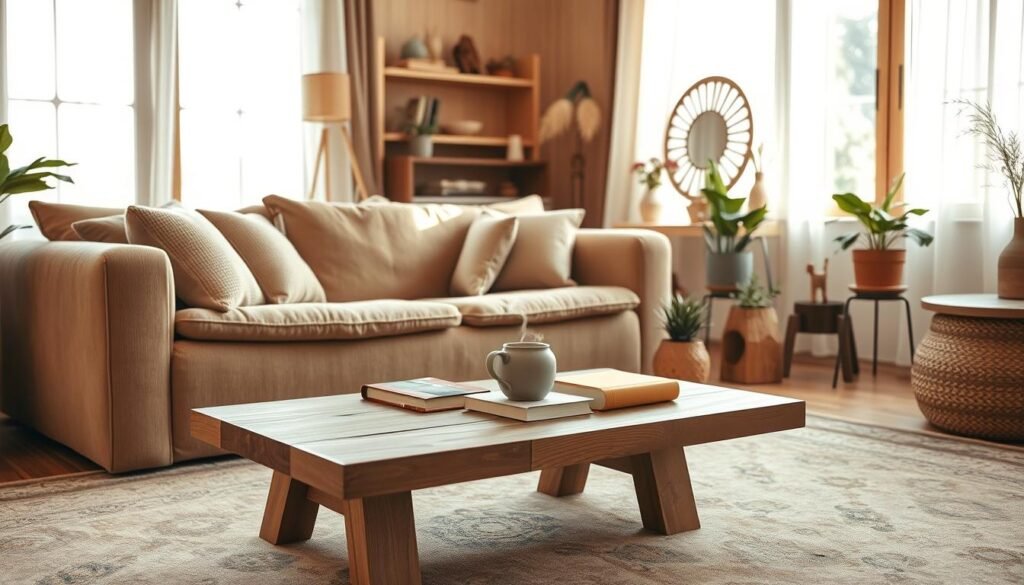 A cozy living room design scene, showcasing a warm and inviting atmosphere. In the foreground, a plush, overstuffed sofa adorned with soft, textured cushions in muted earth tones. A handcrafted wooden coffee table sits in front, featuring a steaming mug and a stack of books. In the mid-ground, a large area rug with subtle patterns underlines the space, complemented by potted plants adding a touch of greenery. The background reveals a beautifully-lit window with light, airy curtains, allowing soft sunlight to filter in. Warm wooden accents and artisanal decor pieces enhance the rustic charm. The image is infused with a sense of calm and relaxation, captured from a slightly elevated angle to showcase depth, with bright, natural lighting creating a serene ambiance.