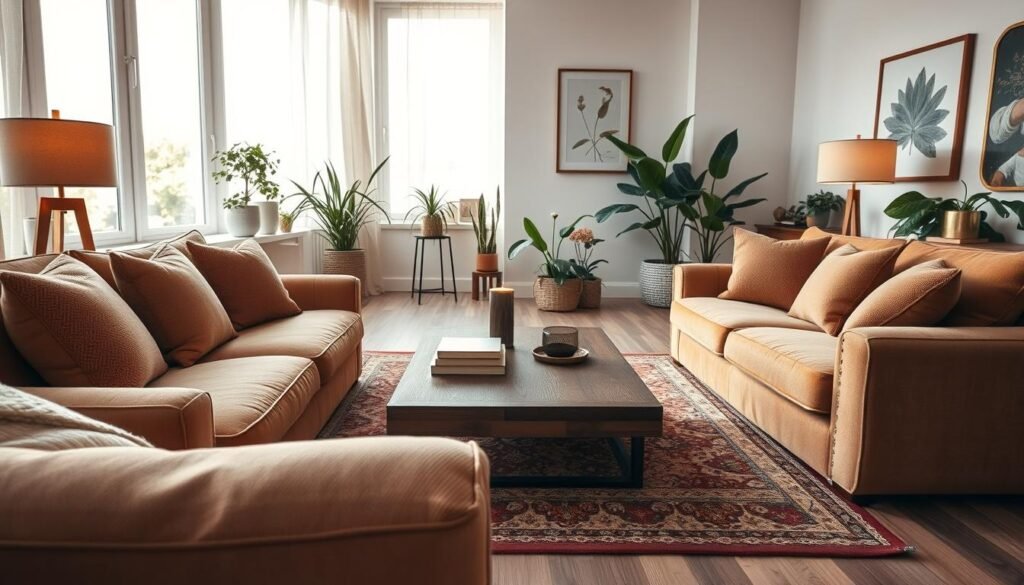 A cozy living room design showcasing a balanced layout. In the foreground, a plush, oversized sofa with soft, textured cushions in warm earth tones invites relaxation. A low wooden coffee table adorned with a few neatly arranged books and a scented candle sits centrally. The middle area features a beautifully patterned area rug that adds warmth and ties the elements together. Ambient lighting from stylish floor lamps casts a soft glow, enhancing the inviting atmosphere. In the background, large windows allow bright, natural light to filter in, illuminating potted plants and tasteful wall art. The overall mood is serene and inviting, embodying comfort with cozy finishing touches. The composition is captured from a slightly elevated angle to reveal the harmonious balance of the layout. A cozy living room design showcasing a balanced layout. In the foreground, a plush, oversized sofa with soft, textured cushions in warm earth tones invites relaxation. A low wooden coffee table adorned with a few neatly arranged books and a scented candle sits centrally. The middle area features a beautifully patterned area rug that adds warmth and ties the elements together. Ambient lighting from stylish floor lamps casts a soft glow, enhancing the inviting atmosphere. In the background, large windows allow bright, natural light to filter in, illuminating potted plants and tasteful wall art. The overall mood is serene and inviting, embodying comfort with cozy finishing touches. The composition is captured from a slightly elevated angle to reveal the harmonious balance of the layout.