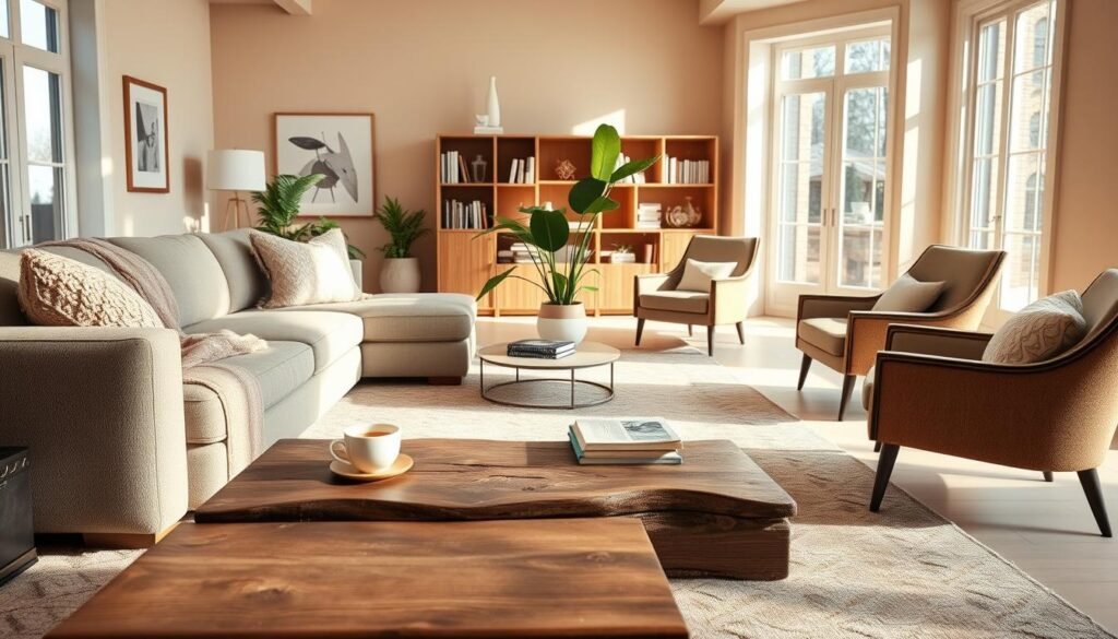 A cozy living room design that exudes warmth and calmness, featuring a plush, oversized sectional sofa adorned with soft, textured throw pillows in neutral tones. In the foreground, a rustic wooden coffee table holds a steaming cup of tea and a stack of books. The middle layer showcases an elegant area rug with subtle patterns, complemented by a few stylish armchairs angled towards a vibrant indoor plant. In the background, large windows invite soft, natural light, casting gentle shadows across the room. The walls are painted in a warm pastel hue, adorned with minimalistic art pieces. A wooden bookshelf filled with books and decorative items adds character to the space. The overall atmosphere is serene and inviting, perfect for relaxation at any time of day.