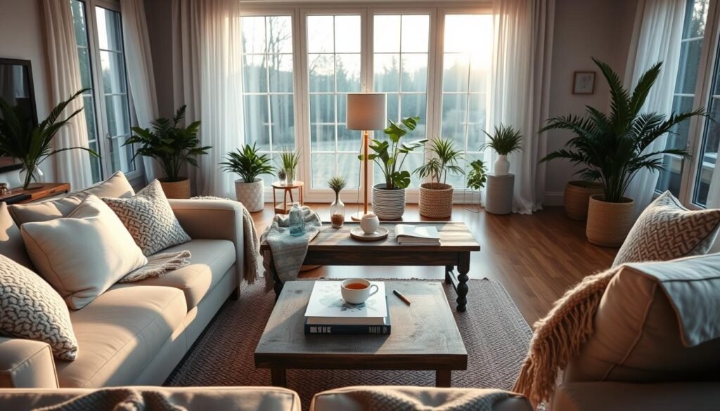 A cozy living room design that reflects an evening routine. The foreground features a plush, inviting sectional sofa adorned with soft throw pillows and a stylish knitted blanket. A rustic coffee table sits in the center, holding a warm cup of tea and a few books. In the middle, a chic area rug adds texture, complemented by a welcoming floor lamp casting soft, warm light. The background showcases large windows letting in bright natural light, with sheer curtains fluttering gently. Potted plants bring a touch of nature, contributing to the airy atmosphere. The overall mood is tranquil and inviting, designed for relaxation and comfort, embodying a perfect blend of modern and rustic styles, captured with a wide-angle lens to enhance the spaciousness. A cozy living room design that reflects an evening routine. The foreground features a plush, inviting sectional sofa adorned with soft throw pillows and a stylish knitted blanket. A rustic coffee table sits in the center, holding a warm cup of tea and a few books. In the middle, a chic area rug adds texture, complemented by a welcoming floor lamp casting soft, warm light. The background showcases large windows letting in bright natural light, with sheer curtains fluttering gently. Potted plants bring a touch of nature, contributing to the airy atmosphere. The overall mood is tranquil and inviting, designed for relaxation and comfort, embodying a perfect blend of modern and rustic styles, captured with a wide-angle lens to enhance the spaciousness.