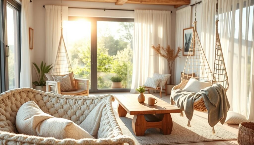 A cozy living room design that seamlessly blends indoors with outdoor relaxation elements. In the foreground, a plush hammock gently sways, inviting users to unwind; it's adorned with soft, patterned cushions. To the side, a stylish hanging chair cradles a throw blanket, waiting to be enjoyed. The middle ground features a rustic wooden coffee table, topped with a warm mug and a small potted plant. Behind, large windows allow bright natural light to pour in, while sheer curtains flutter gently in the breeze, enhancing the airy atmosphere. The walls are decorated with artwork reflecting nature, and soft greenery can be seen outside, creating a serene backdrop. The scene is illuminated with soft sunlight, evoking a warm, welcoming mood for relaxation. A cozy living room design that seamlessly blends indoors with outdoor relaxation elements. In the foreground, a plush hammock gently sways, inviting users to unwind; it's adorned with soft, patterned cushions. To the side, a stylish hanging chair cradles a throw blanket, waiting to be enjoyed. The middle ground features a rustic wooden coffee table, topped with a warm mug and a small potted plant. Behind, large windows allow bright natural light to pour in, while sheer curtains flutter gently in the breeze, enhancing the airy atmosphere. The walls are decorated with artwork reflecting nature, and soft greenery can be seen outside, creating a serene backdrop. The scene is illuminated with soft sunlight, evoking a warm, welcoming mood for relaxation.