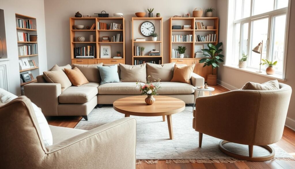 A cozy living room, designed for comfort and functionality, featuring a plush sectional sofa with soft cushions in muted earth tones. In the foreground, a round wooden coffee table displays a small vase with fresh flowers. The middle ground showcases a stylish area rug that adds warmth, accompanied by a tasteful armchair to create a welcoming seating area. In the background, large windows allow bright, natural light to filter in, illuminating the space with a soft glow. Shelves filled with books and decorative items enhance the homely atmosphere. The room's decor emphasizes a balance between style and comfort, creating an inviting environment. The overall mood is warm and serene, perfect for relaxation and social gatherings.