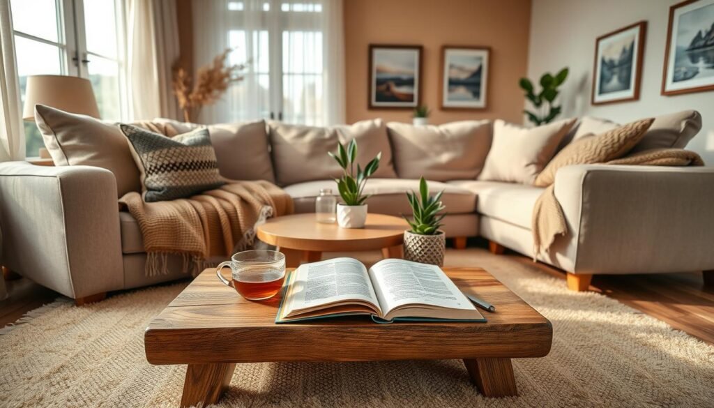 A cozy living room designed for relaxation, featuring a plush, oversized sectional couch adorned with soft, textured pillows and a warm throw blanket. In the foreground, a handmade wooden coffee table holds a steaming cup of herbal tea and an open book, inviting a sense of calm. The middle of the scene showcases a bright area rug underfoot, with a couple of decorative potted plants adding greenery. In the background, large windows bathe the space in soft, natural light, enhancing the airy atmosphere, while sheer curtains flutter gently with a breeze. The walls are painted in warm, neutral tones, decorated with framed artwork that reflects tranquility. Capture this serene arrangement from a slightly elevated angle, emphasizing the inviting layout without any distractions or text. A cozy living room designed for relaxation, featuring a plush, oversized sectional couch adorned with soft, textured pillows and a warm throw blanket. In the foreground, a handmade wooden coffee table holds a steaming cup of herbal tea and an open book, inviting a sense of calm. The middle of the scene showcases a bright area rug underfoot, with a couple of decorative potted plants adding greenery. In the background, large windows bathe the space in soft, natural light, enhancing the airy atmosphere, while sheer curtains flutter gently with a breeze. The walls are painted in warm, neutral tones, decorated with framed artwork that reflects tranquility. Capture this serene arrangement from a slightly elevated angle, emphasizing the inviting layout without any distractions or text.