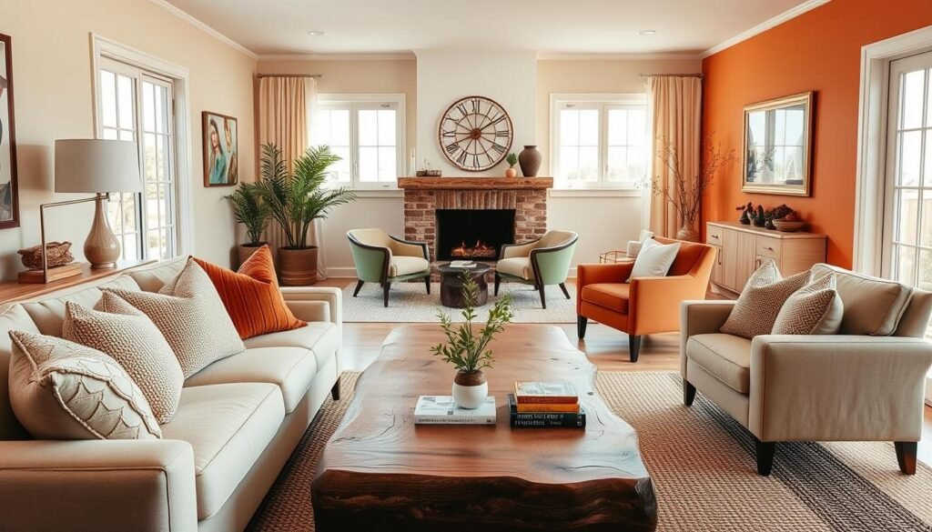 A cozy living room designed with a warm color palette, featuring rich creams, soft terracotta, and gentle amber tones. In the foreground, a plush, neutral sofa adorned with textured throw pillows sits invitingly on a woven area rug. A contemporary coffee table, made from reclaimed wood, displays a few carefully arranged decorative books and a small vase of fresh flowers. The middle of the room showcases a tasteful arrangement of elegant accent chairs placed around a rustic fireplace, softly glowing in the warm afternoon light. In the background, large windows allow bright natural light to flood in, highlighting the airy atmosphere of the space. The scene conveys a serene and inviting mood, perfect for relaxation and gatherings, with a focus on comfort and warmth without the need for repainting.