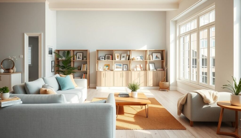 A cozy living room designed with principles of color psychology, featuring a harmonious blend of soft blues, warm beige, and gentle greens to create a calming atmosphere. In the foreground, a plush light gray sofa adorned with pastel cushions invites relaxation. To the side, a wooden coffee table showcases decorative books and a small potted plant. The middle of the room includes a warm area rug and a stylish, open bookshelf filled with colorful art and family photos. In the background, large windows allow bright, natural light to flood the space, casting soft shadows. The room is airy, with light wooden flooring and a subtle, inviting layout that emphasizes comfort and a lived-in feel. Soft sunlight enhances the serene mood, ideal for relaxation and socializing.