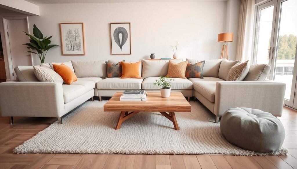 A cozy living room featuring a stylish L-shaped sofa in a light, neutral fabric, positioned to maximize space. The foreground showcases a plush, textured area rug beneath the sofa, with decorative throw pillows adding pops of color. In the middle, a contemporary wooden coffee table holds a few decorative books and a small potted plant, contributing to the inviting atmosphere. The background includes a large window letting in bright, soft natural light, accentuating the airy feel. Light-colored walls and minimalistic artwork enhance the open ambiance, creating a warm and welcoming vibe. The scene is captured in a wide angle, emphasizing depth and comfort in the layout, with a soft focus on the details, suggesting a harmonious living space.