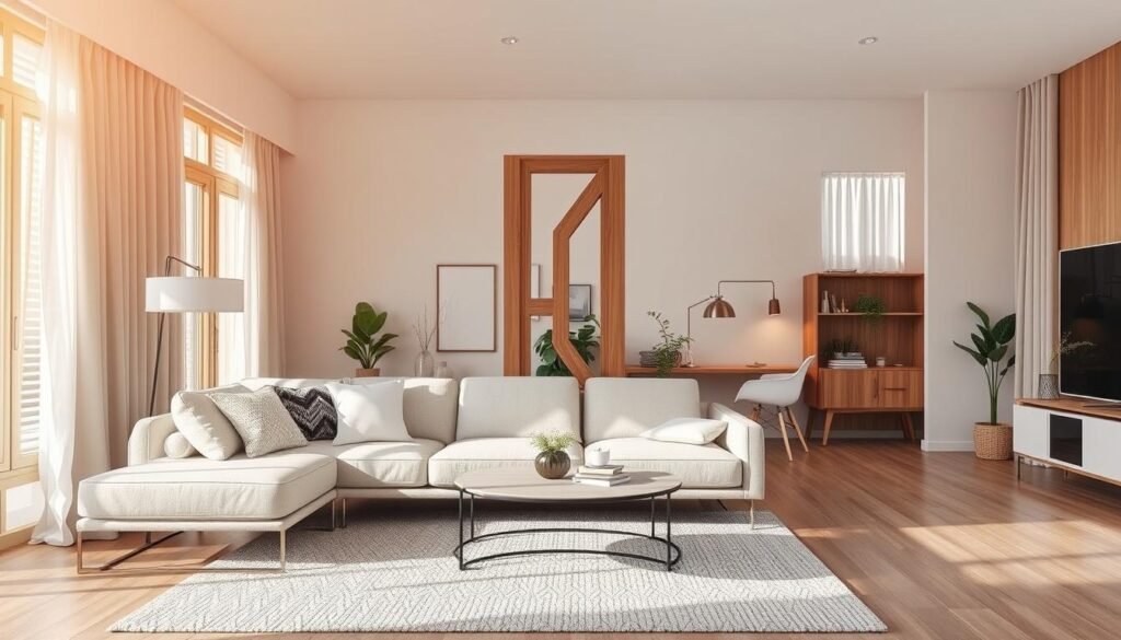 A cozy living room featuring a stylish hall partition, designed with natural wood and glass elements to create an open yet distinct space. In the foreground, a chic, modern sofa in soft neutral tones, accompanied by a plush area rug and decorative throw pillows, invites relaxation. The middle showcases a contemporary wooden partition with geometric cutouts, effectively dividing the living area from a small study nook adorned with plants and artwork. In the background, large windows bathe the scene in warm, soft sunlight, accentuating airy curtains that flutter gently. The atmosphere is inviting and comfortable, emphasizing practical yet aesthetically pleasing room division, ideal for a harmonious living environment. The lighting is bright and natural, with a slight lens flair that adds a touch of warmth to the entire composition.