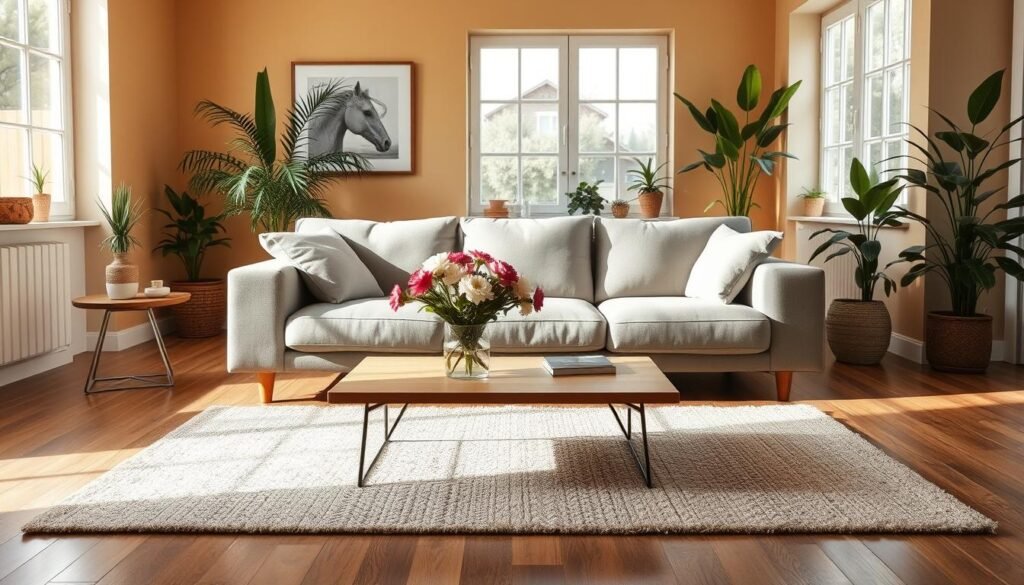 A cozy living room featuring a stylish sofa that is thoughtfully arranged to create balance. The sofa, upholstered in a soft gray fabric, has plush cushions and is elegantly positioned against a warm, neutral-colored wall. In the foreground, a coffee table adorned with a vase of fresh flowers adds a touch of vibrancy. The middle ground showcases a comfortable area rug that delineates the seating area, enhancing the layout. In the background, large windows allow bright, natural light to fill the space, casting soft shadows and creating a warm atmosphere. The room is decorated with tasteful artwork and indoor plants, contributing to an inviting and grounded feel. The scene is captured from a slightly elevated angle, emphasizing the layout and ambiance, all while maintaining a serene and harmonious mood. A cozy living room featuring a stylish sofa that is thoughtfully arranged to create balance. The sofa, upholstered in a soft gray fabric, has plush cushions and is elegantly positioned against a warm, neutral-colored wall. In the foreground, a coffee table adorned with a vase of fresh flowers adds a touch of vibrancy. The middle ground showcases a comfortable area rug that delineates the seating area, enhancing the layout. In the background, large windows allow bright, natural light to fill the space, casting soft shadows and creating a warm atmosphere. The room is decorated with tasteful artwork and indoor plants, contributing to an inviting and grounded feel. The scene is captured from a slightly elevated angle, emphasizing the layout and ambiance, all while maintaining a serene and harmonious mood.