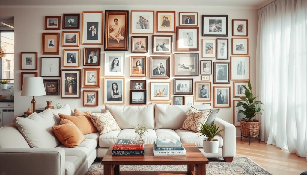 A cozy living room featuring a vibrant gallery wall filled with an assortment of framed art pieces, photographs, and personal mementos. In the foreground, a stylish, light-colored sofa with decorative cushions adds warmth, while a wooden coffee table displays a few art books and a potted plant. The middle ground showcases the gallery wall, combining various frame styles—some ornate, others minimalistic—with warm-hued artwork and personal snapshots that evoke emotion and story. The background reveals soft, airy curtains filtering bright natural light, enhancing the inviting atmosphere of the room. The overall mood is cheerful and inviting, captured with soft sunlight streaming in through the windows. The image should be shot with a wide-angle lens to encompass the entire scene, showcasing the harmonious blend of décor elements in a light-filled space.