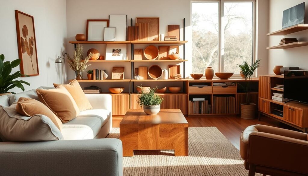 A cozy living room featuring an array of wood tones, showcasing different finishes for decor. In the foreground, there's a plush light-colored sofa adorned with soft pillows in earthy tones. A stylish wooden coffee table with a natural finish sits center stage, complemented by a small decorative plant. In the middle ground, shelves display an assortment of wooden accents, such as frames, bowls, and a few books, illustrating various wood grains and colors. The background includes a large window allowing bright, soft sunlight to filter in, casting gentle shadows and highlighting the warmth of the wood textures. The atmosphere is serene and inviting, perfect for a calm and stylish living space. The image captures a harmonious blend of natural light and earthy aesthetics, emphasizing the beauty of wood in home decor.