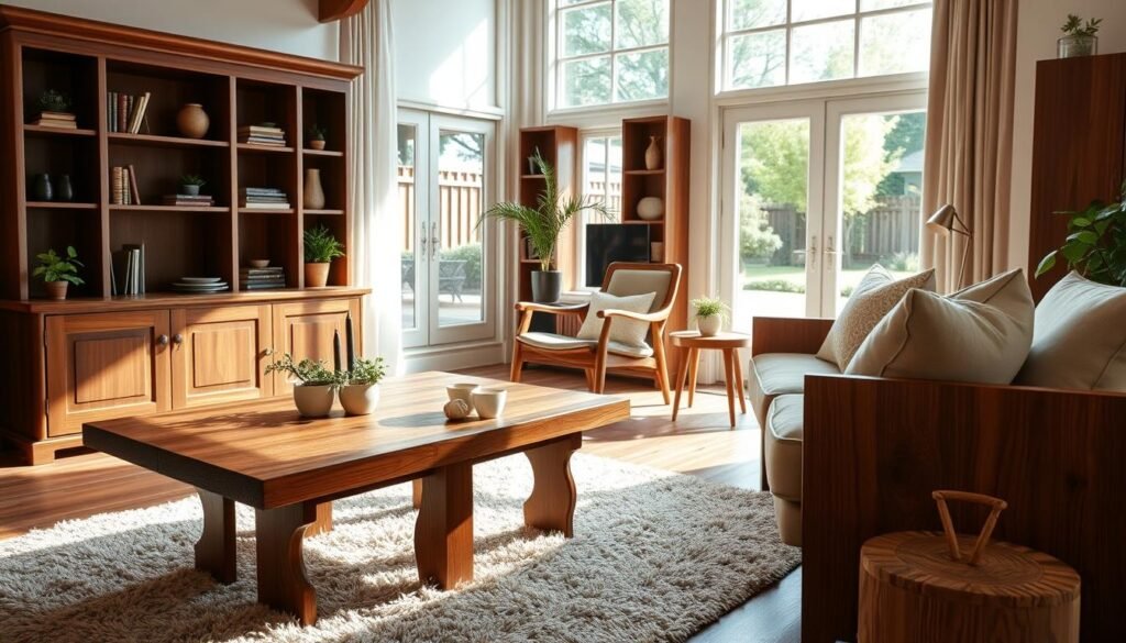 A cozy living room featuring beautiful wood furniture, including a finely crafted oak coffee table and elegant walnut bookshelves, adorned with small green plants. The foreground showcases a plush area rug beneath the table, adding warmth to the wooden elements. In the middle ground, a stylish wooden armchair with soft cushions complements the furniture, while natural light streams in through large windows, casting soft shadows and highlighting the rich textures of the wood. The background includes a serene view of a well-tended garden, enhancing the natural appeal. The atmosphere is inviting and warm, evoking a sense of comfort and tranquility, with an emphasis on the beauty of wood in home design.