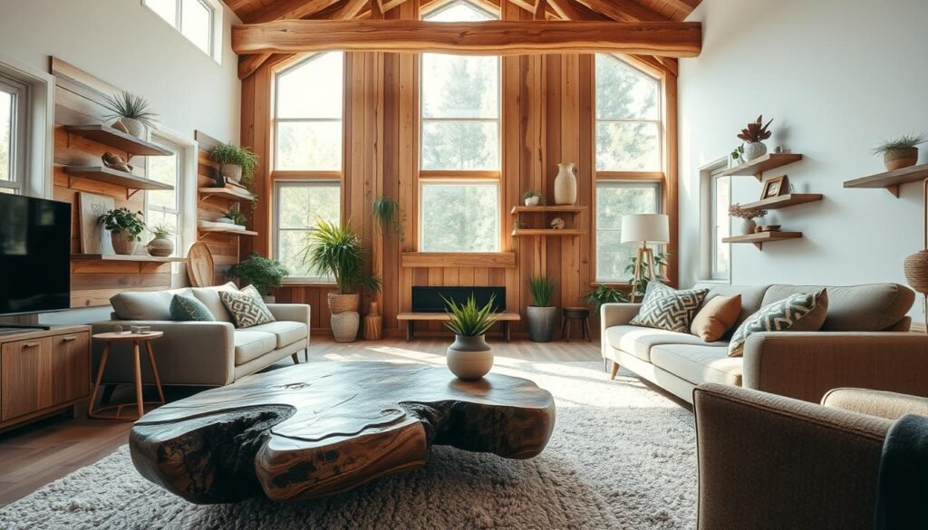 A cozy living room featuring creative and unexpected wood incorporations. In the foreground, a unique coffee table made from reclaimed wood with intricate carvings contrasts with modern furniture. The middle ground showcases wooden accent walls adorned with floating shelves, filled with plants and decorative items. Large, handcrafted wooden beams extend across the ceiling, enhancing the rustic charm. Soft sunlight filters through large windows, casting a warm glow and highlighting the textures of the wood. The room is adorned with a plush area rug and tasteful cushions, creating a welcoming atmosphere. The camera angle offers a slightly elevated view, capturing the inviting ambiance. The overall mood is warm, airy, and serene, perfect for illustrating innovative wood design in home décor.